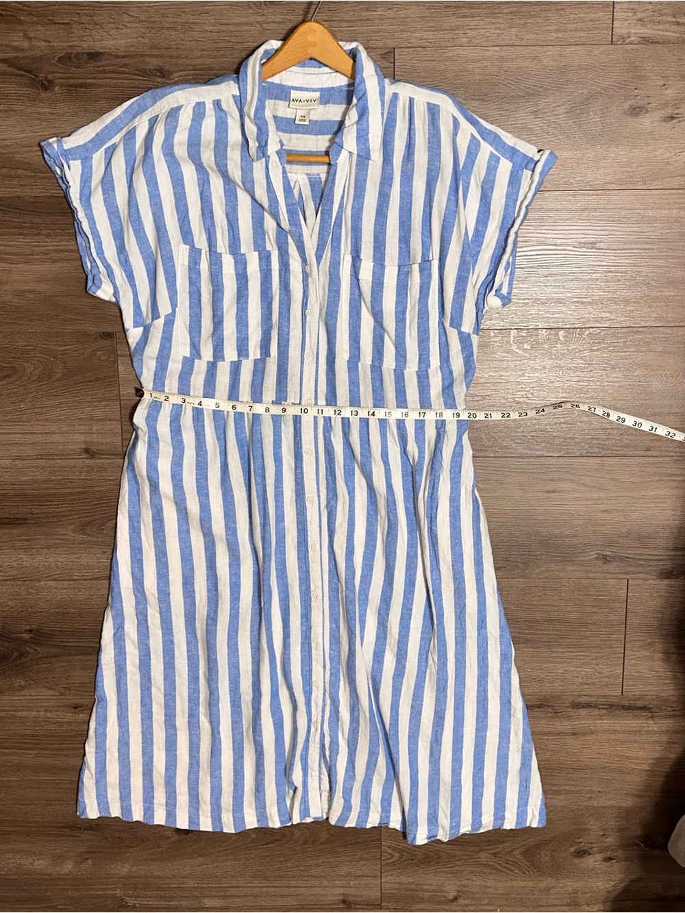 Ava & Viv Linen Blend Dress Striped Button-Up Pockets Summer Blue and White
